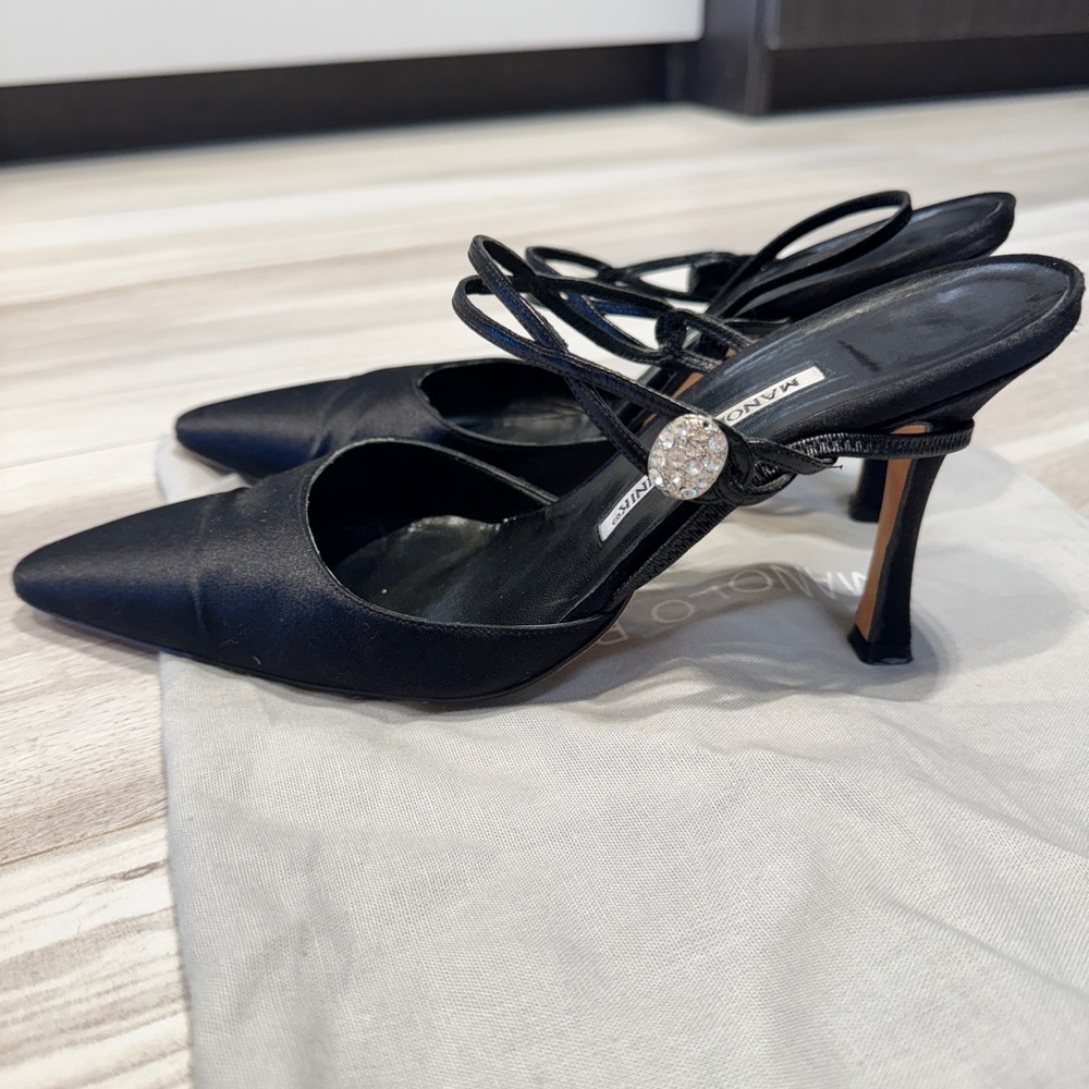 Manolo Blahnik Black Satin Heels with Crystal Accent